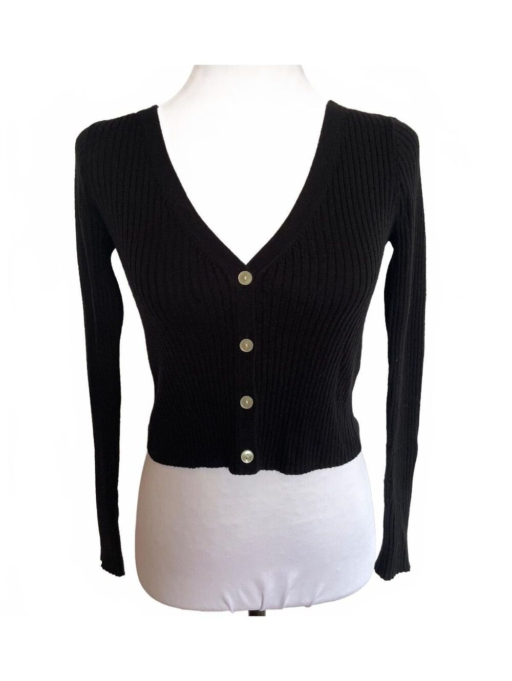 Everlane Black Wool Cotton Ribbed Crop Cardigan XXS 90s Minimalist French Girl